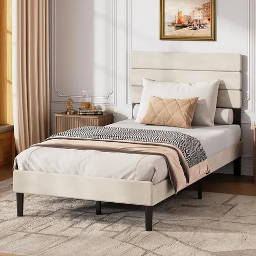 Miniatura 4 de WLIVE Base de cama tapizada, marcos de cama individual con cabecero, cama de plataforma con listones de madera, base de colchón de 600 libras,