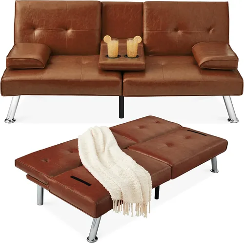 Miniatura 11 de Futón sofá cama para entretenimiento Best Choice Products, moderno, se dobla y reclina, muebles, con posavasos Negro
