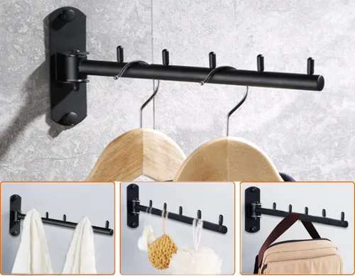 Miniatura 5 de Percha de brazo oscilante de acero inoxidable, colgador plegable de pared para cuarto de servicio, soporte de ganchos de ropa que ahorra espacio