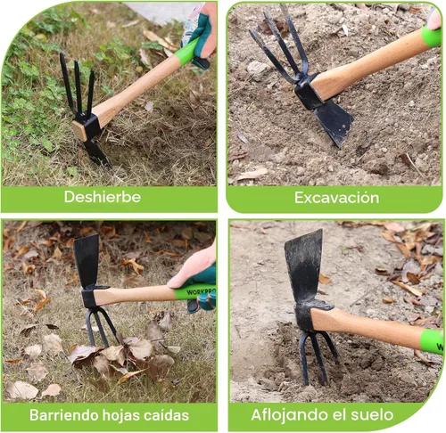 Miniatura 7 de WORKPRO Azada y Cultivador Rastrillo de Jardín con Mango de Madera de 14", Hoja de Azada Afilada y Cultivador Resistente de 3 Garras, Herramientas