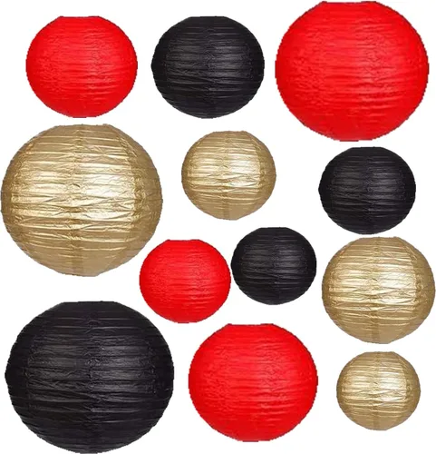 12 faroles de papel de 6, 8, 10, 12 pulgadas, decoración de fiesta, linternas de papel negro rojo dorado para bodas, novias, cumpleaños, exteriores,