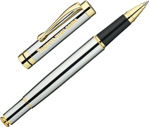 BEILUNER - Bolígrafos personalizados de alta calidad, impresionante bolígrafo de metal cromado de plata brillante con borde dorado, elegante set de