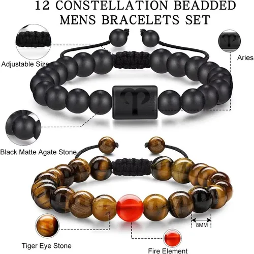 Miniatura 3 de Pulseras del zodiaco para hombres y mujeres, hechas a mano, ojo de tigre natural de 0.315in y piedra de ágata mate para hombre, pulseras