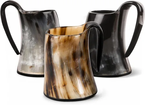 Miniatura 8 de Handicrafts Home Juego de 2 tazas de cuerno vikingo vikingo, taza de cerveza de cuerno de buey natural real con asa, hecha a mano, medieval, cuerno