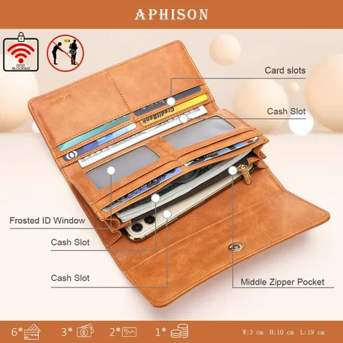 Miniatura 3 de Aphison - Cartera larga de cuero suave RFID para mujer, con caja de regalo