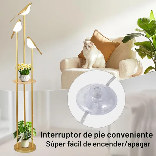 Miniatura 5 de Lámparas de pie doradas para sala de estar, lámpara de pie moderna con estantes, lámpara de pie de mediados de siglo con 3 luces LED de pájaro