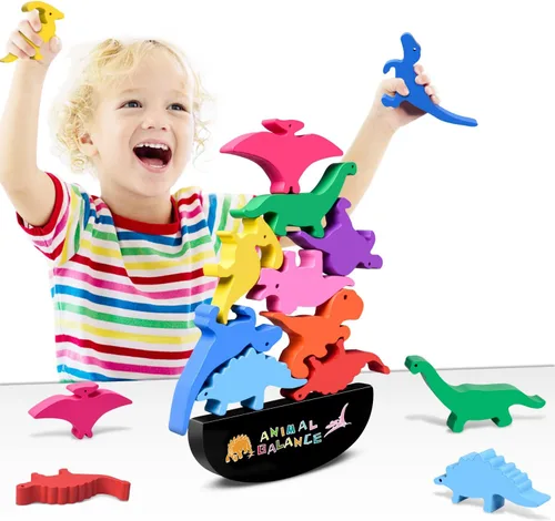 Miniatura 6 de FFTROC Montessori - Juguetes de dinosaurio para niños de 2, 3 y 4 años, juguetes de dinosaurio apilables de madera para niños de 2-4, 3-5