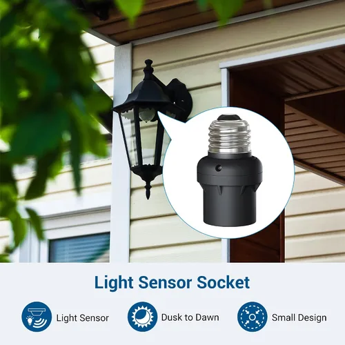 Miniatura 2 de DEWENWILS Enchufe Sensor de Luz, Enchufe Sensor de Atardecer a Amanecer E26 E27, Enchufe de Bombilla para Luminarias, Compatible con Bombillas Negro