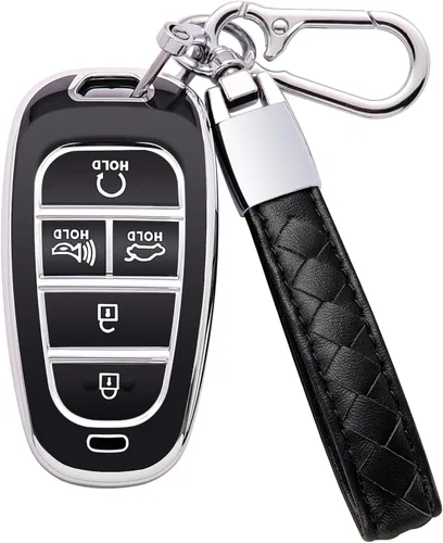 Funda para llavero Hyundai de 5 botones, TPU suave con llavero de cuero, protección de 360 grados, funda portacarcasa para llave de automóvil negro