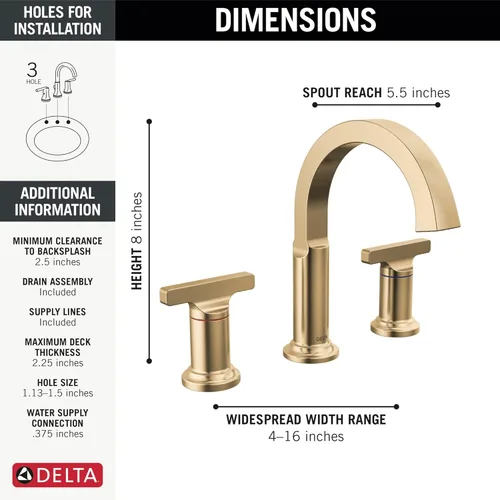 Miniatura 3 de Delta Faucet Tetra Gold - Grifo de baño de 3 agujeros, grifo de baño dorado, grifo de lavabo de baño, tecnología de sello de diamante, ensamblaje