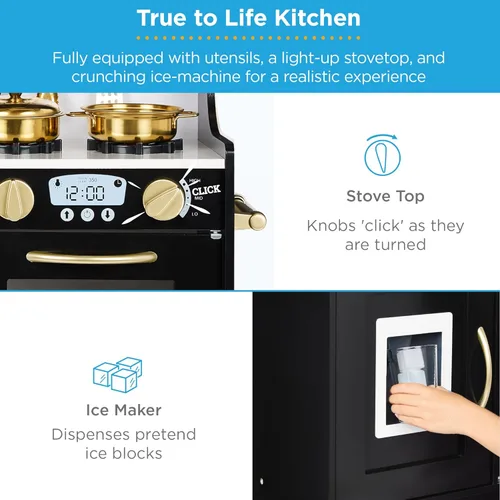 Miniatura 5 de Best Choice Products Juego de juguetes de madera para niños con diseño realista, teléfono, utensilios, horno, microondas, fregadero - negro