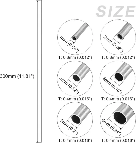 Miniatura 2 de METALLIXITY Tubo de acero inoxidable 304 (0.039 in-0.236 in de diámetro x 0.012 in/0.016 in de pared T x 11.811 in de largo), 6 piezas en 1 juego