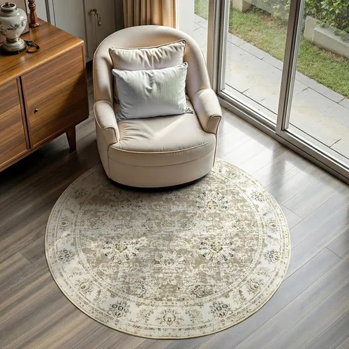 Miniatura 181 de Jinchan Fiora - Alfombra redonda de 8 pies, alfombras vintage con diseño floral envejecido, lavable a máquina, antideslizante, de pelo bajo, Azul