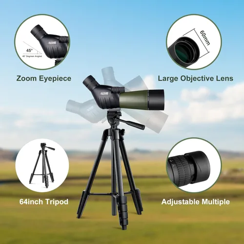 Miniatura 4 de 25-75x60 Mira de Observación con Trípode de 64 Pulgadas, Bolsa de Transporte - Miras de Observación de Visión Clara en Baja Luz - Miras