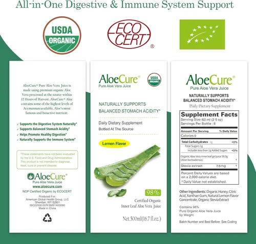 Miniatura 7 de AloeCure USDA - Jugo orgánico de aloe vera sabor a limón, fabricado dentro de las 12 horas de cosecha, suplemento digestivo natural para una acidez