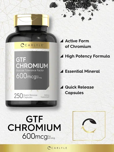 Miniatura 4 de Carlyle Suplemento de cromo GTF 600 mcg 250 cápsulas Factor de tolerancia a la glucosa Fórmula sin OMG y sin gluten