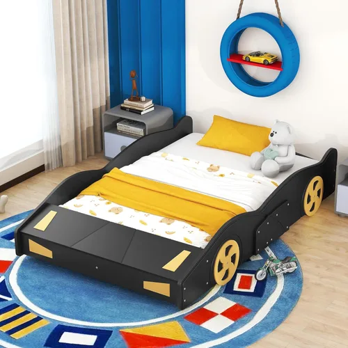 Miniatura 15 de Cama de plataforma en forma de auto de carreras de tamaño individual con ruedas y almacenamiento, base de cama de plataforma de madera maciza