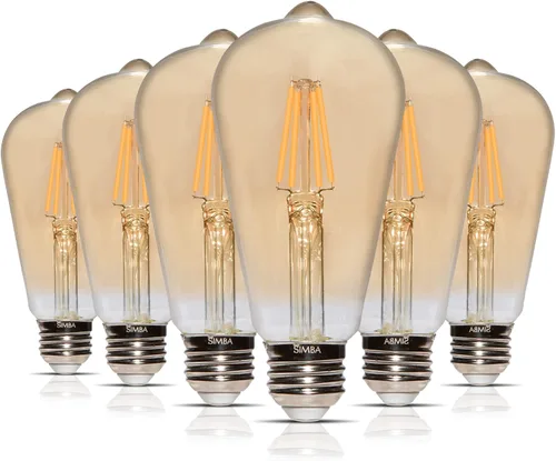 Simba Lighting Bombillas LED Edison ST21 (ST64) de filamento vintage (ST64) (paquete de 6) de 6 W, regulable, equivalente a 60 W, vidrio ámbar