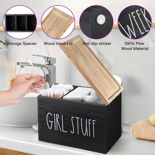 Miniatura 5 de Soporte para tampones para baño, organizador de almohadilla y tampón con tapa de bandeja, producto femenino de madera, organizador de almacenamiento