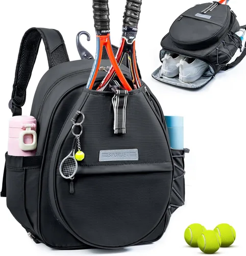 Miniatura 10 de Mochila de Tenis con Soporte para 2 Raquetas, Bolsa de Raqueta de Tenis de Cuero PU Resistente al Agua para Mujeres y Hombres, Mochila Deportiva