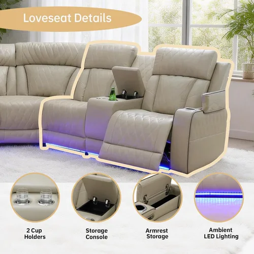 Miniatura 4 de Juego de sofá reclinable eléctrico, juegos de muebles de sala de estar, juego de sofá modular de cuero con luces LED, portavasos, consola