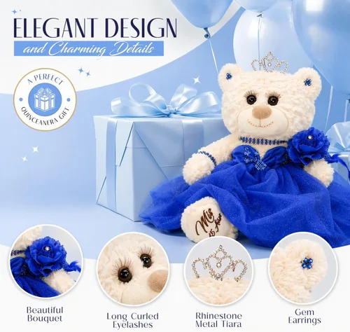 Miniatura 5 de Muñeca de centro de mesa de oso de quinceañera de 12 pulgadas con elegante vestido de tul en capas y soporte ajustable, regalo de decoraciones