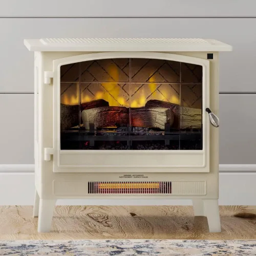 Country Living Calentador eléctrico de chimenea infrarrojo independiente en color crema, varios colores de llama, diseño de metal con troncos de
