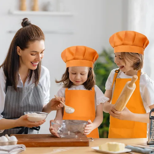 Miniatura 6 de Conjunto de Delantal y Gorro de Chef para Niños, Delantal Infantil Ajustable con 2 Bolsillos, para Niños Chef y Pintura, Cocinar, Hornear Orongecolor