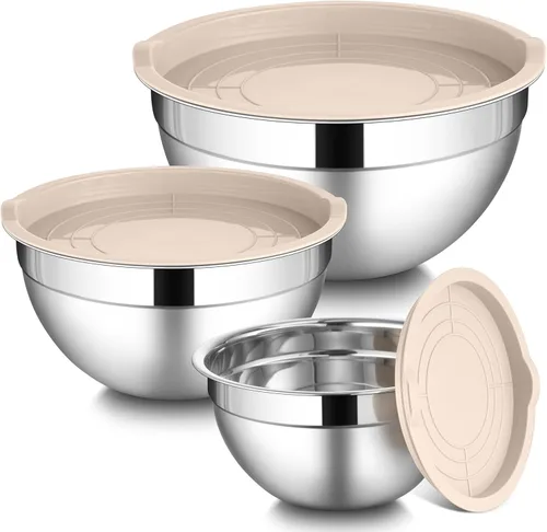 Miniatura 10 de LIANYU Juego de 3 tazones para mezclar con tapas, tazones de metal de acero inoxidable anidables grandes y pequeños para almacenamiento de cocina