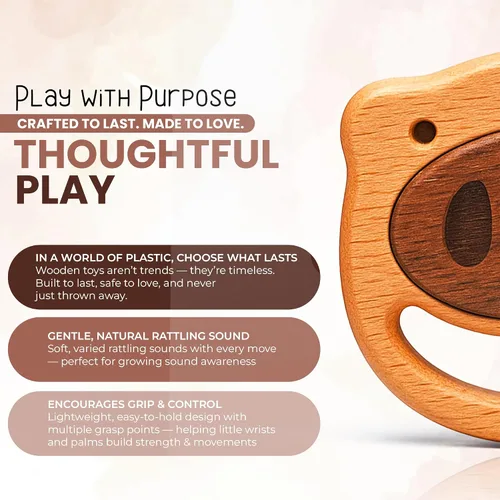 Miniatura 4 de HippoToys - Sonajero de madera para bebés de 0 a 12 meses, sin pintura, sin plástico, sin toxinas, juguete natural inspirado en Montessori, sonido