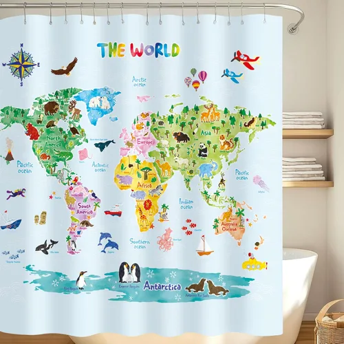 DECOWALL Juego de cortinas de ducha con diseño de mapa del mundo de animales, impermeable, lavable, decorativo, 71 x 71 pulgadas, tela de poliéster