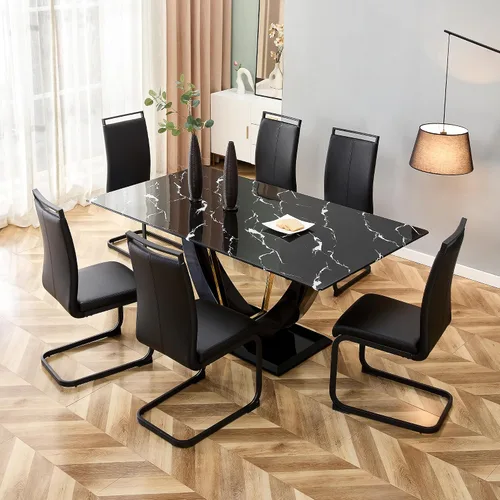 Miniatura 8 de Juego de mesa de comedor de 71 pulgadas para 8, juego de mesa de comedor de mármol sintético negro para 8, juego de mesa de cocina rectangular