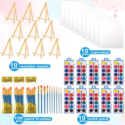 Miniatura 4 de Crtiin Juego de 10 tableros de lienzo con caballete para pintar, incluye 10 caballetes de madera, 10 lienzos, 10 piezas de pintura de acuarela y 100