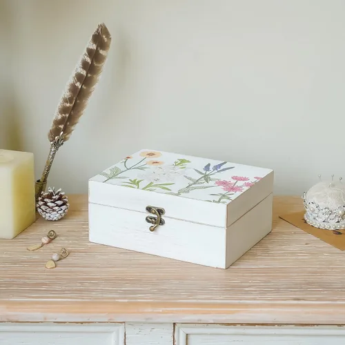 Miniatura 3 de Pequeña caja decorativa con tapa con bisagras, caja de almacenamiento de recuerdos hecha a mano de madera, caja de joyería con estampado floral