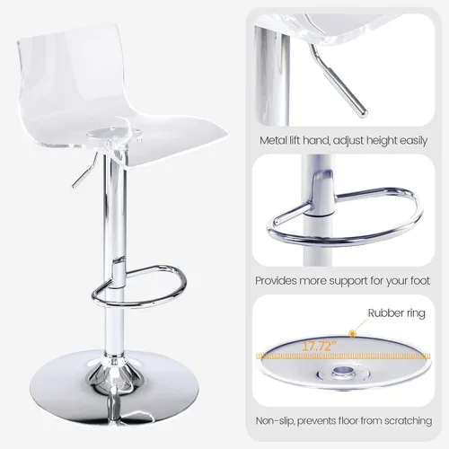 Miniatura 6 de Brage Living Taburetes de bar de acrílico con respaldo medio, juego de 2, taburetes de bar giratorios ajustables transparentes, sillas de bar