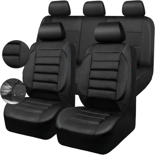 Miniatura 10 de CAR PASS Juego completo de fundas de asiento de automóvil de cuero con soporte lumbar de espuma 3D, fundas de asiento automotrices de malla de aire