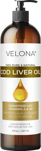 velona Aceite de hígado de bacalao – 8 onzas líquidas | 1,000A/100D UI/g Omega 3 Vitaminas A y D3 | Aceite nórdico de origen sostenible del Ártico