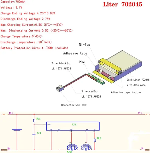 Miniatura 2 de Liter energy battery 3.7V Lipo Batería 700mAh Batería recargable de polímero de iones de litio 702045 para receptor transmisor de micrófono