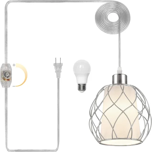 Cinkeda Luces colgantes con cable de enchufe, lámparas colgantes que se enchufan a la toma de corriente con interruptor regulable y cable Plateado