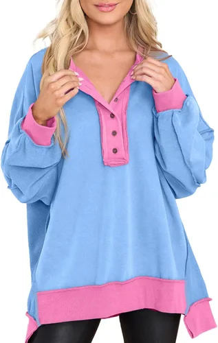 Miniatura 76 de AlvaQ - Sudadera de gran tamaño para mujer, informal, de manga larga, con botones y cuello Henley, tipo túnica