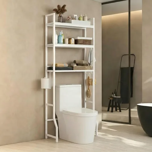 Miniatura 8 de Organizador de baño de 3 niveles sobre el inodoro, organizador de baño de madera, ahorro de espacio, soporte independiente sobre el inodoro con 4