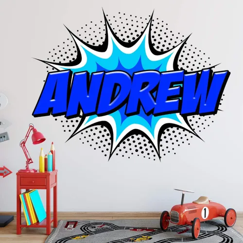 Miniatura 2 de VWAQ Calcomanía de pared de vinilo personalizada con nombre de cómic GN7 Azul