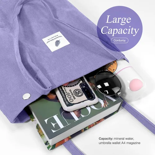 Miniatura 3 de Bolsas de pana para mujeres y niñas, bolsa de pana de gran capacidad, reutilizable, con bolsillos interiores