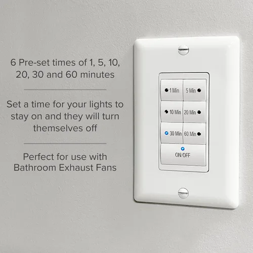 Miniatura 5 de Maxxima Interruptor temporizador de cuenta regresiva de 1875 W, 7 botones, retardo máximo de 60 minutos, 1/2 HP para extractores de baño