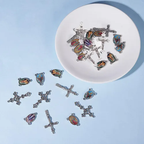 Miniatura 5 de SUNNYCLUE Pascua vacaciones estilo tibetano rosario cruz y centro Nuestra Señora Milagrosa Medalla Esmalte Cruz Colgantes Vintage Charm Oval