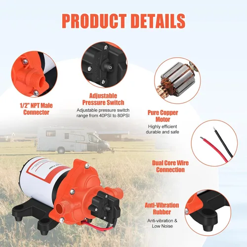Miniatura 5 de Bomba de agua DC de 12 V RV 3.5GPM 45PSI, bomba de presión de agua de 12 voltios bajo demanda con interruptor de presión, bomba de diafragma