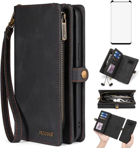 Asuwish Funda de teléfono para Samsung Galaxy S8 con cremallera, funda desmontable con protector de pantalla de vidrio templado y soporte de cuero