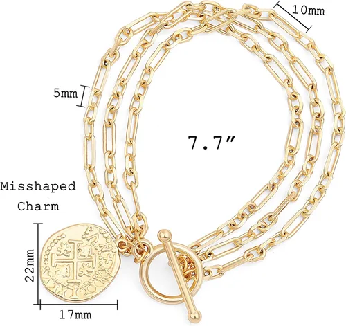 Miniatura 3 de PEARLADA 18k Gold Chain Layerd Bracelet Coin Charm Toggle Bracelet Trendy Cubic Zirconia Jewelry