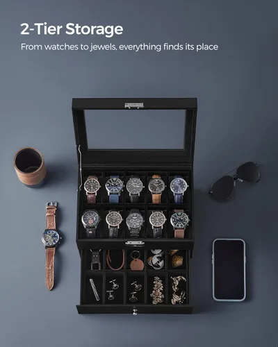 Miniatura 26 de SONGMICS UJWB012 - Caja de reloj de 12 ranuras, caja de reloj con cerradura con tapa de vidrio, 2 capas, con 1 cajón para anillos, pulseras, idea