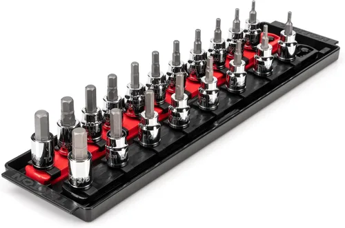 TEKTON - Juego de llaves de vaso con punta hexagonal de 3/8 pulgadas con rieles y bandeja, 19 unidades (1/8 - 3/8 pulgadas, 3 - 10 mm) | SHB91202